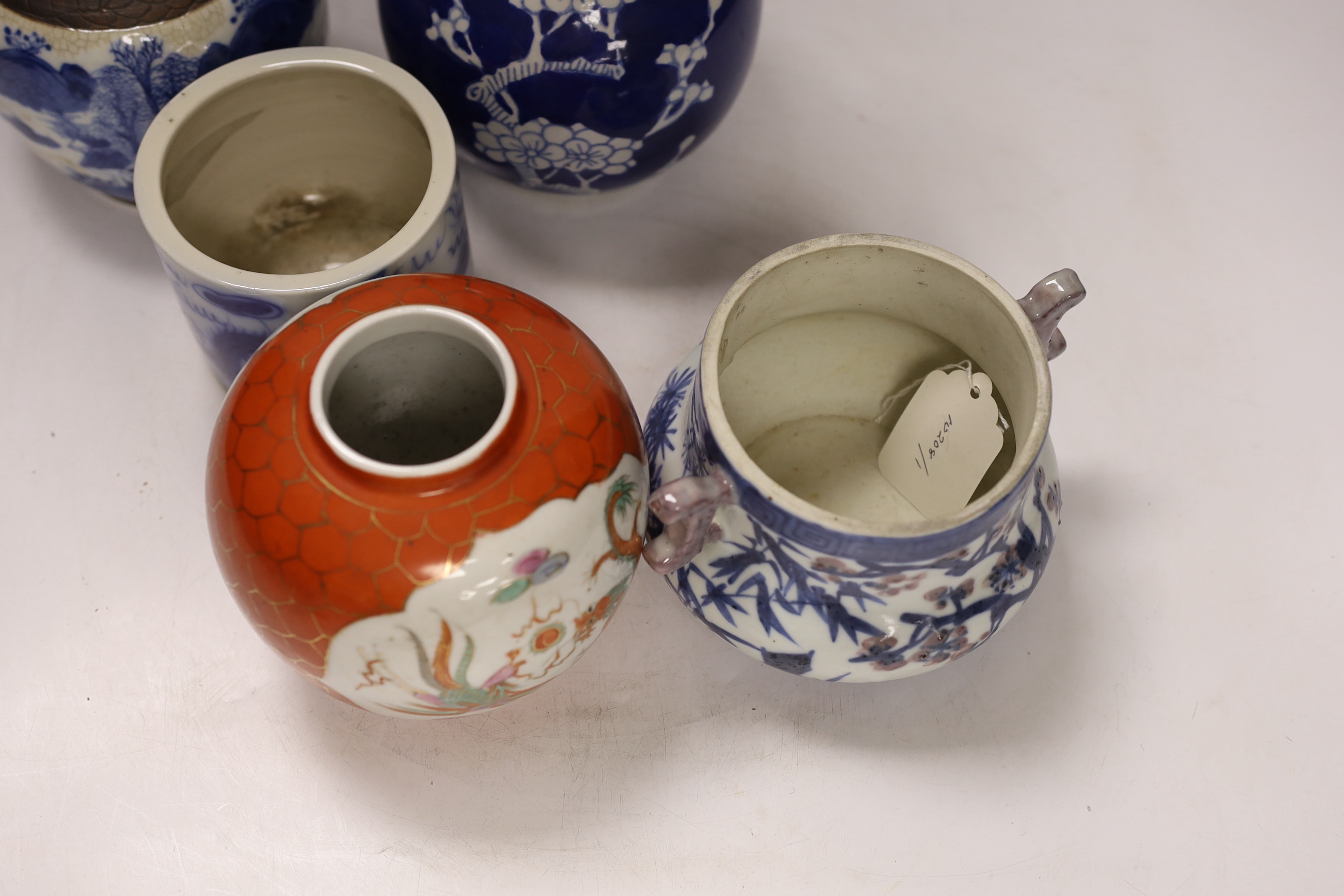 Two Chinese famille rose jars, similar pot with cover, brush pot and a vase, 18th century and later, tallest 24cm (5)